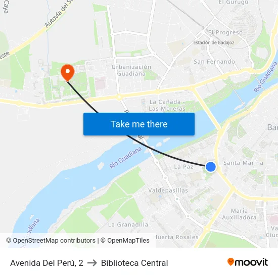 Avenida Del Perú, 2 to Biblioteca Central map