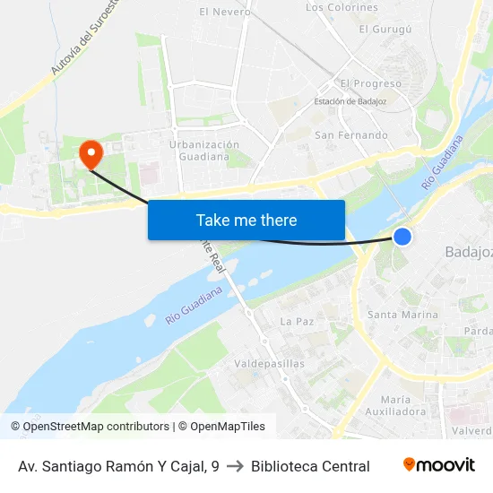 Av. Santiago Ramón Y Cajal, 9 to Biblioteca Central map