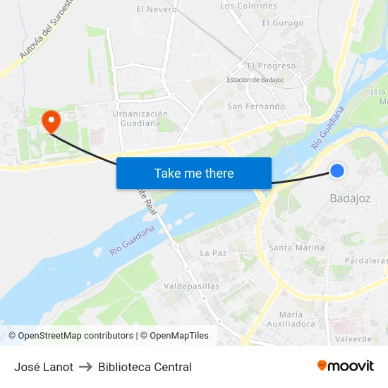 José Lanot to Biblioteca Central map