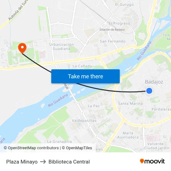Plaza Minayo to Biblioteca Central map