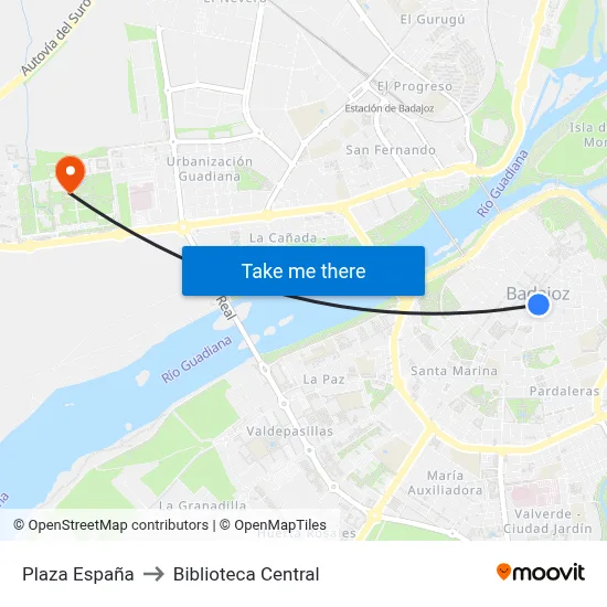 Plaza España to Biblioteca Central map