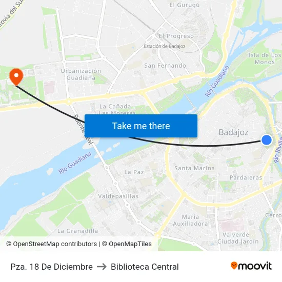 Pza. 18 De Diciembre to Biblioteca Central map