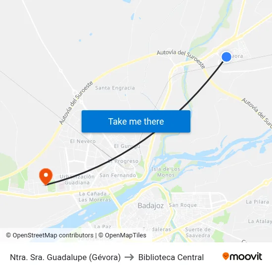Ntra. Sra. Guadalupe (Gévora) to Biblioteca Central map