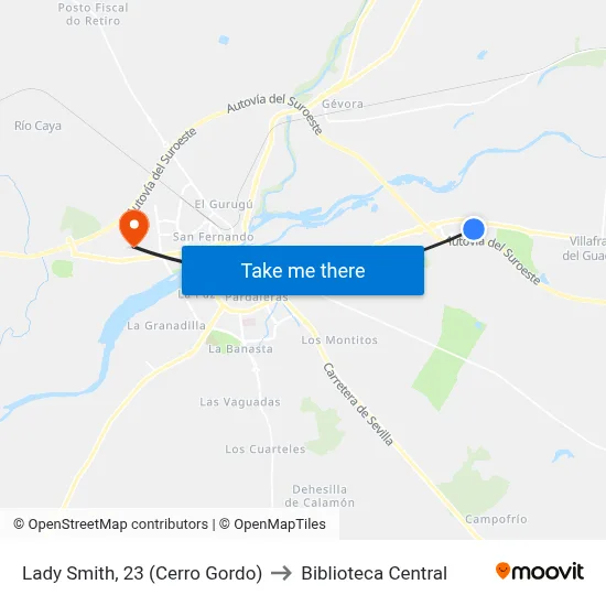 Lady Smith, 23 (Cerro Gordo) to Biblioteca Central map