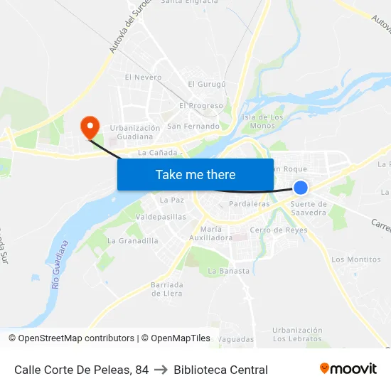 Calle Corte De Peleas, 84 to Biblioteca Central map