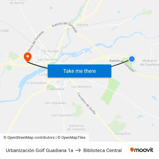 Urbanización Golf Guadiana 1a to Biblioteca Central map