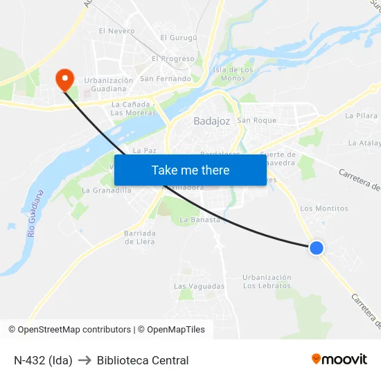 N-432 (Ida) to Biblioteca Central map