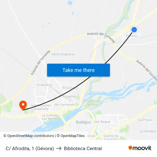 C/ Afrodita, 1 (Gévora) to Biblioteca Central map