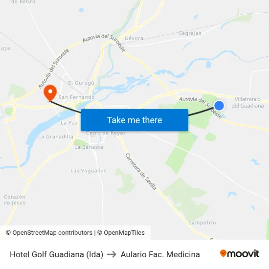 Hotel Golf Guadiana (Ida) to Aulario Fac. Medicina map