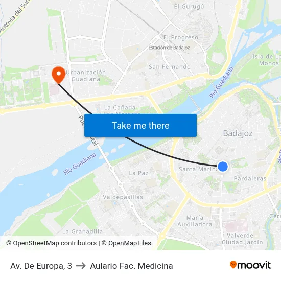 Av. De Europa, 3 to Aulario Fac. Medicina map