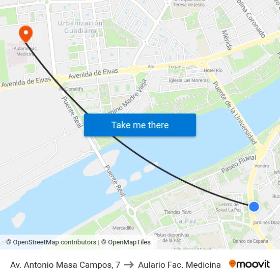 Av. Antonio Masa Campos, 7 to Aulario Fac. Medicina map