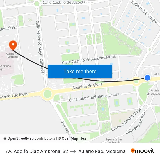 Av. Adolfo Díaz Ambrona, 32 to Aulario Fac. Medicina map