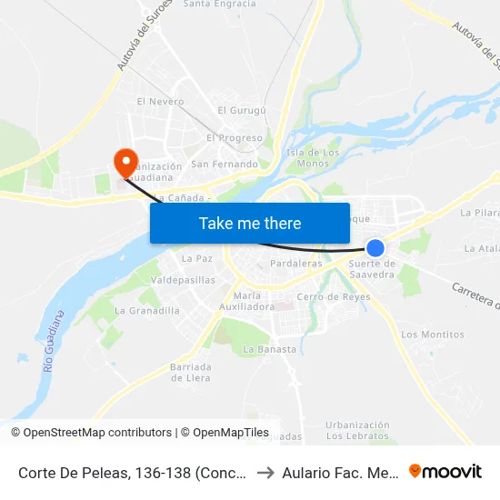 Corte De Peleas, 136-138 (Concesionario) to Aulario Fac. Medicina map