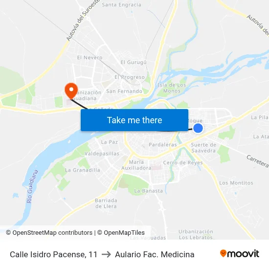 Calle Isidro Pacense, 11 to Aulario Fac. Medicina map