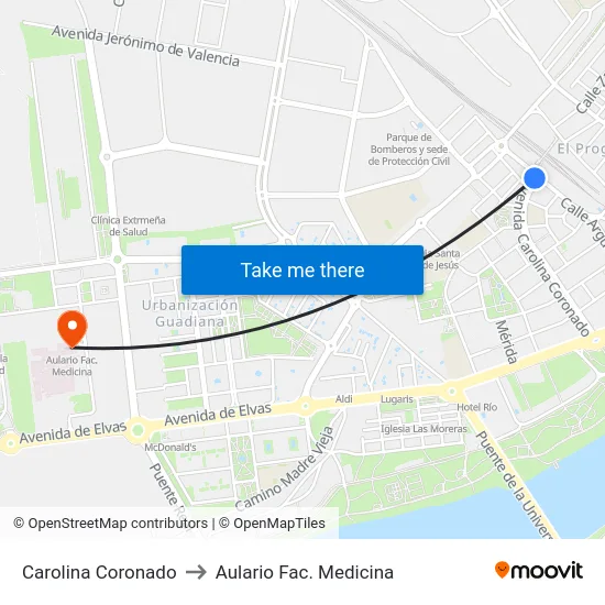 Av. Carolina Coronado (Est. Ff.Cc.) to Aulario Fac. Medicina map