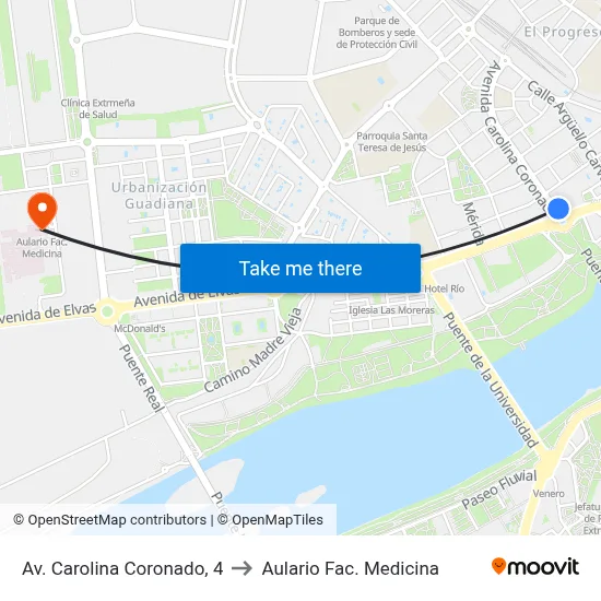 Av. Carolina Coronado, 4 to Aulario Fac. Medicina map