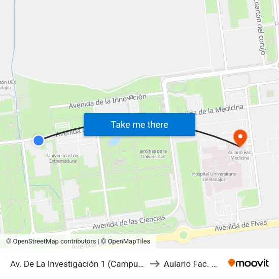 Av. De La Investigación 1 (Campus Universitario) to Aulario Fac. Medicina map