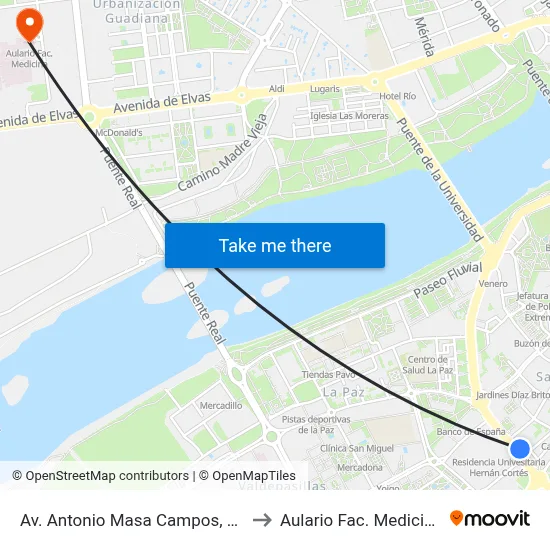 Av. Antonio Masa Campos, 55 to Aulario Fac. Medicina map