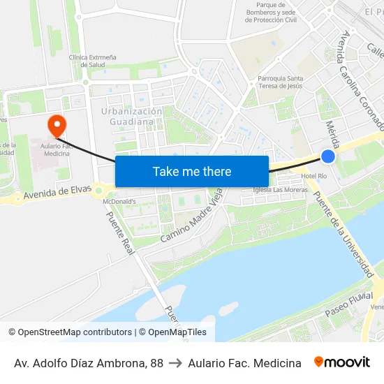 Av. Adolfo Díaz Ambrona, 88 to Aulario Fac. Medicina map