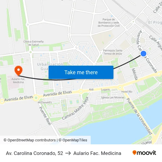 Av. Carolina Coronado, 52 to Aulario Fac. Medicina map