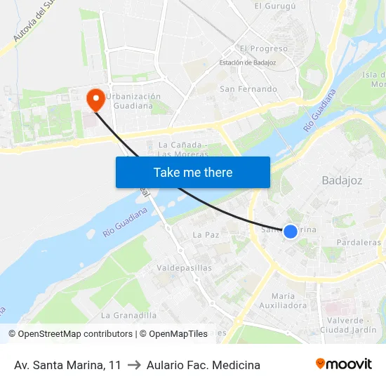 Av. Santa Marina, 11 to Aulario Fac. Medicina map
