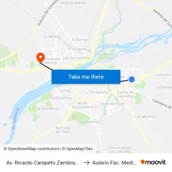 Av. Ricardo Carapeto Zambrano, 50 to Aulario Fac. Medicina map