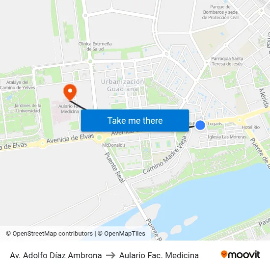 Av. Adolfo Díaz Ambrona to Aulario Fac. Medicina map