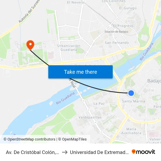 Av. De Cristóbal Colón, 10 to Universidad De Extremadura map