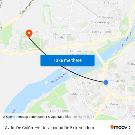 Avda. De Colón to Universidad De Extremadura map
