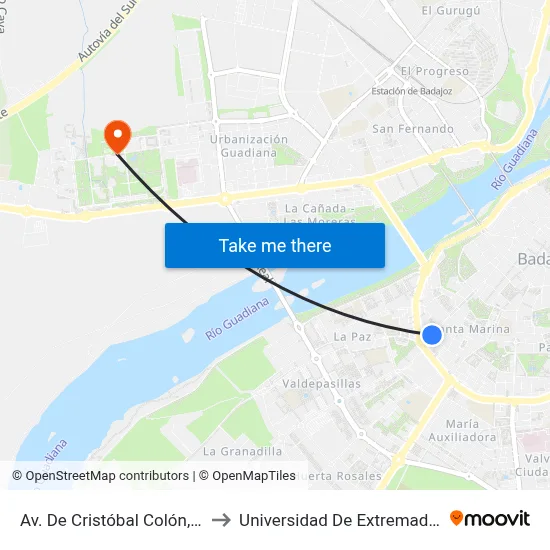 Av. De Cristóbal Colón, 15 to Universidad De Extremadura map