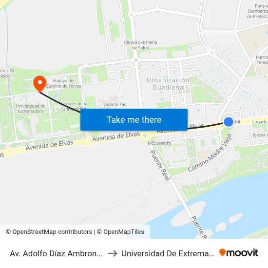 Av. Adolfo Díaz Ambrona, 32 to Universidad De Extremadura map