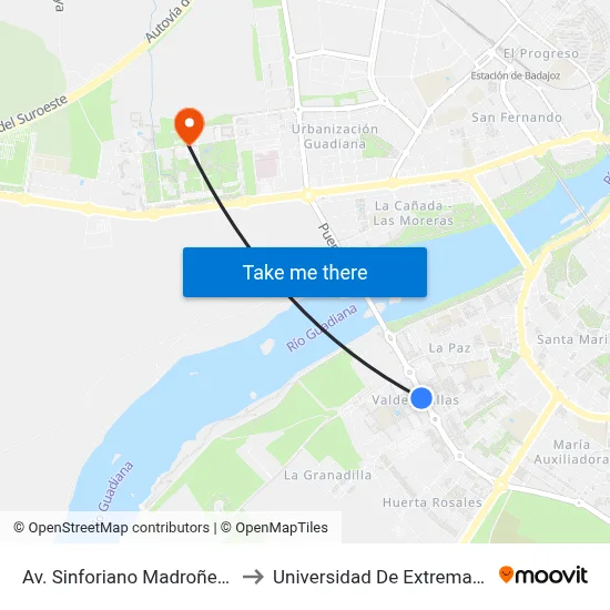 Av. Sinforiano Madroñero, 7 to Universidad De Extremadura map