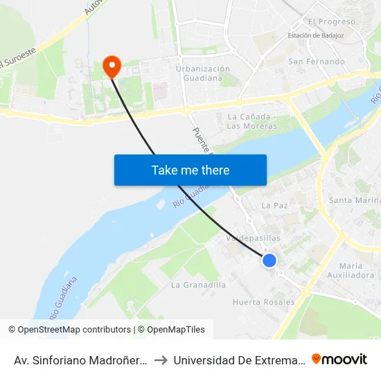 Av. Sinforiano Madroñero, 21 to Universidad De Extremadura map