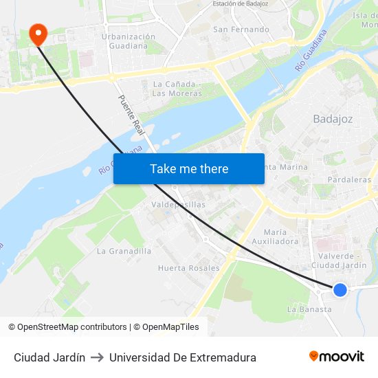 Ciudad Jardín to Universidad De Extremadura map