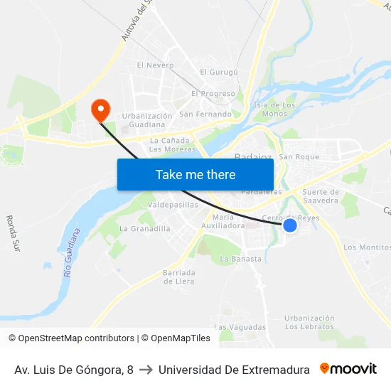 Av. Luis De Góngora, 8 to Universidad De Extremadura map