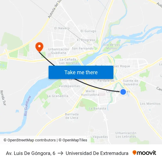 Av. Luis De Góngora, 6 to Universidad De Extremadura map