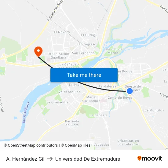Av. Antonio Hernández Gil, 22 (Suerte De Saavedra) to Universidad De Extremadura map