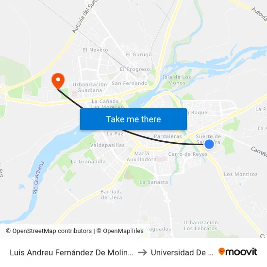 Luis Andreu Fernández De Molina (Suerte De Saavedra) to Universidad De Extremadura map