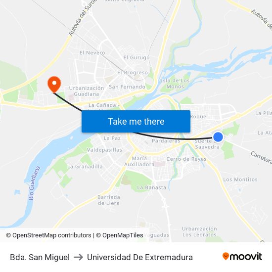 Bda. San Miguel to Universidad De Extremadura map