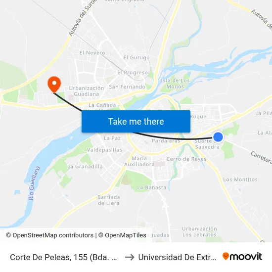 Corte De Peleas, 155 (Bda. San Miguel) to Universidad De Extremadura map