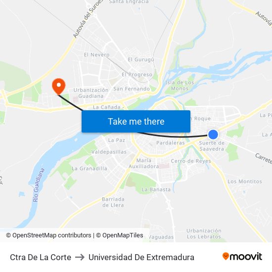 Ctra De La Corte to Universidad De Extremadura map