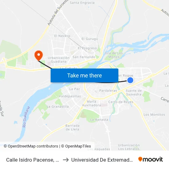 Calle Isidro Pacense, 11 to Universidad De Extremadura map