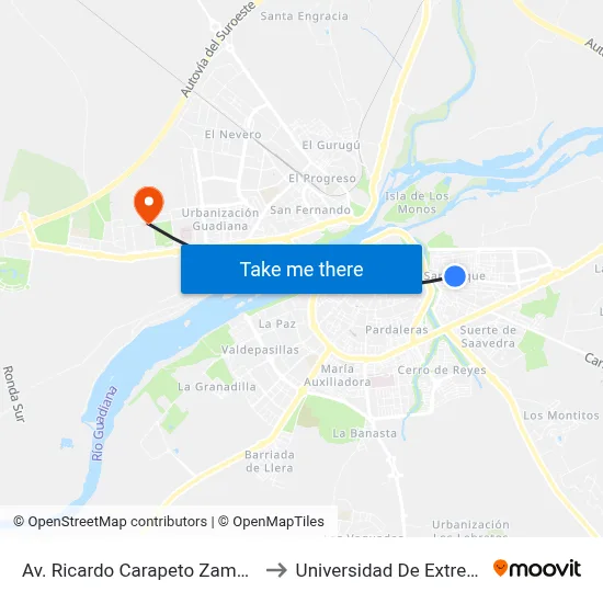 Av. Ricardo Carapeto Zambrano, 35 to Universidad De Extremadura map