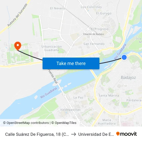Calle Suárez De Figueroa, 18 (Ctra. Circunvalación) to Universidad De Extremadura map