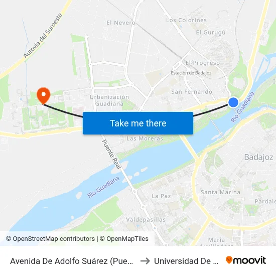 Avenida De Adolfo Suárez (Puente De La Autonomía) to Universidad De Extremadura map