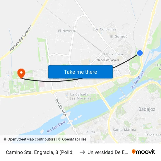 Camino Sta. Engracia, 8 (Polidep. Las Palmeras) to Universidad De Extremadura map
