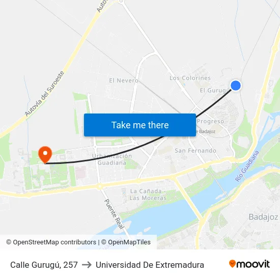 Calle Gurugú, 257 to Universidad De Extremadura map