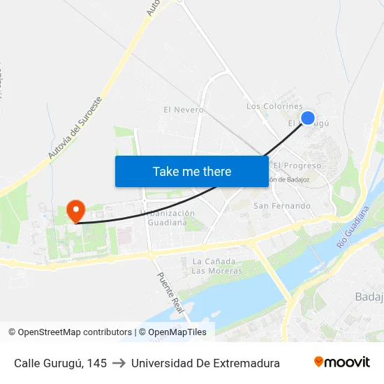 Calle Gurugú, 145 to Universidad De Extremadura map