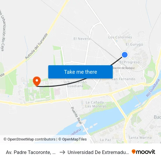 Av. Padre Tacoronte, 51 to Universidad De Extremadura map