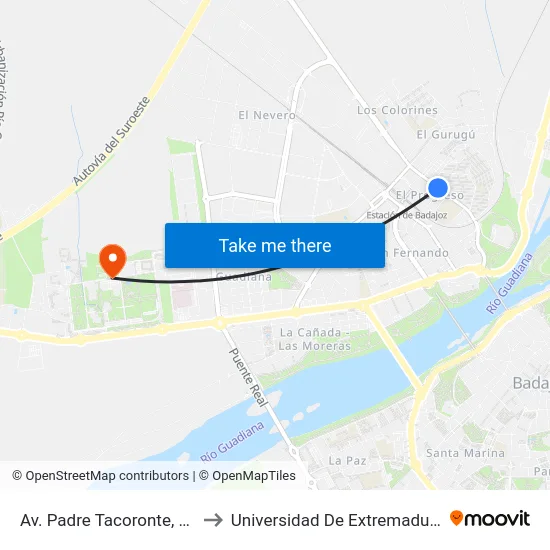 Av. Padre Tacoronte, 35 to Universidad De Extremadura map